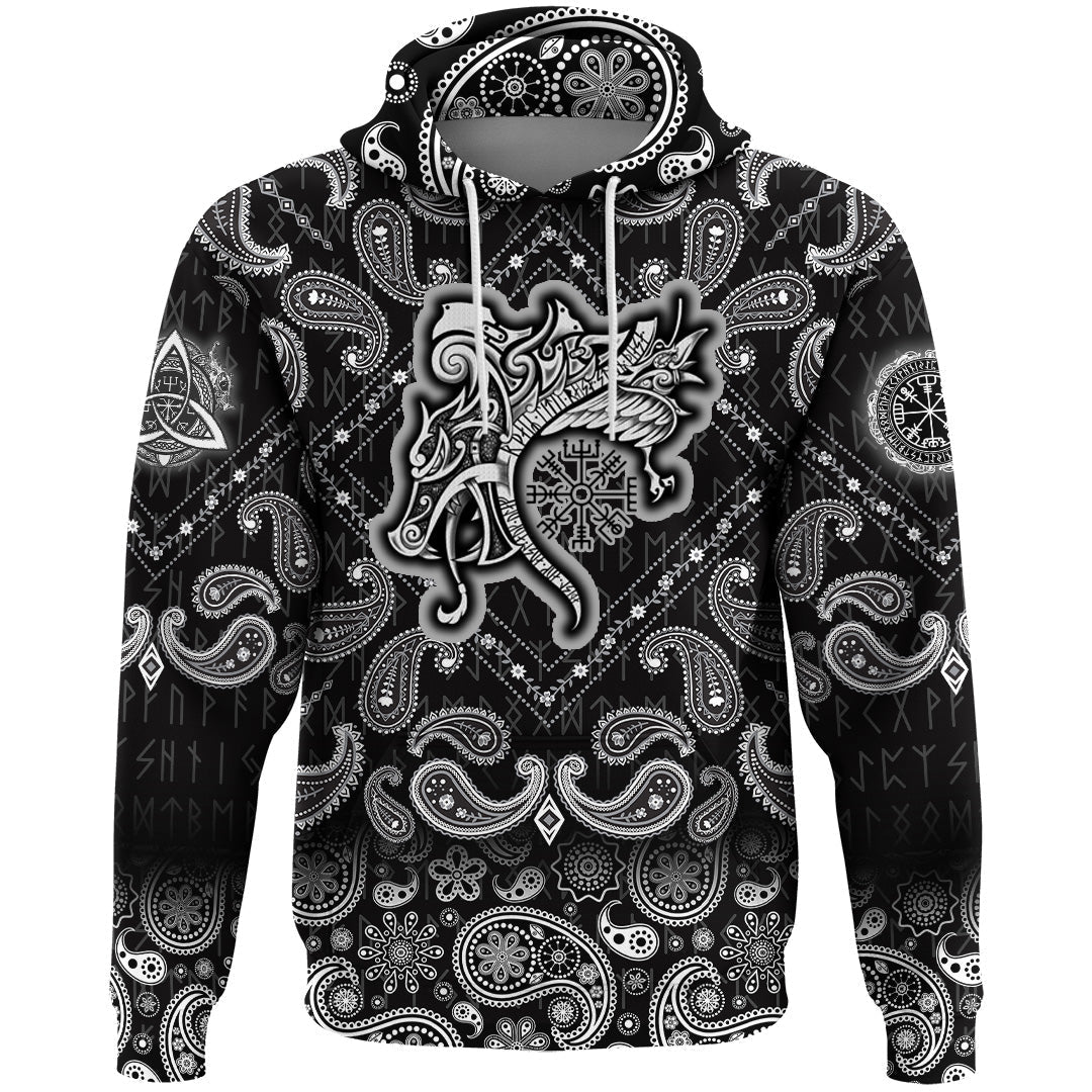 Viking Hoodie Vegvisir Wolf and Raven with Bandana Paisley Style RLT12