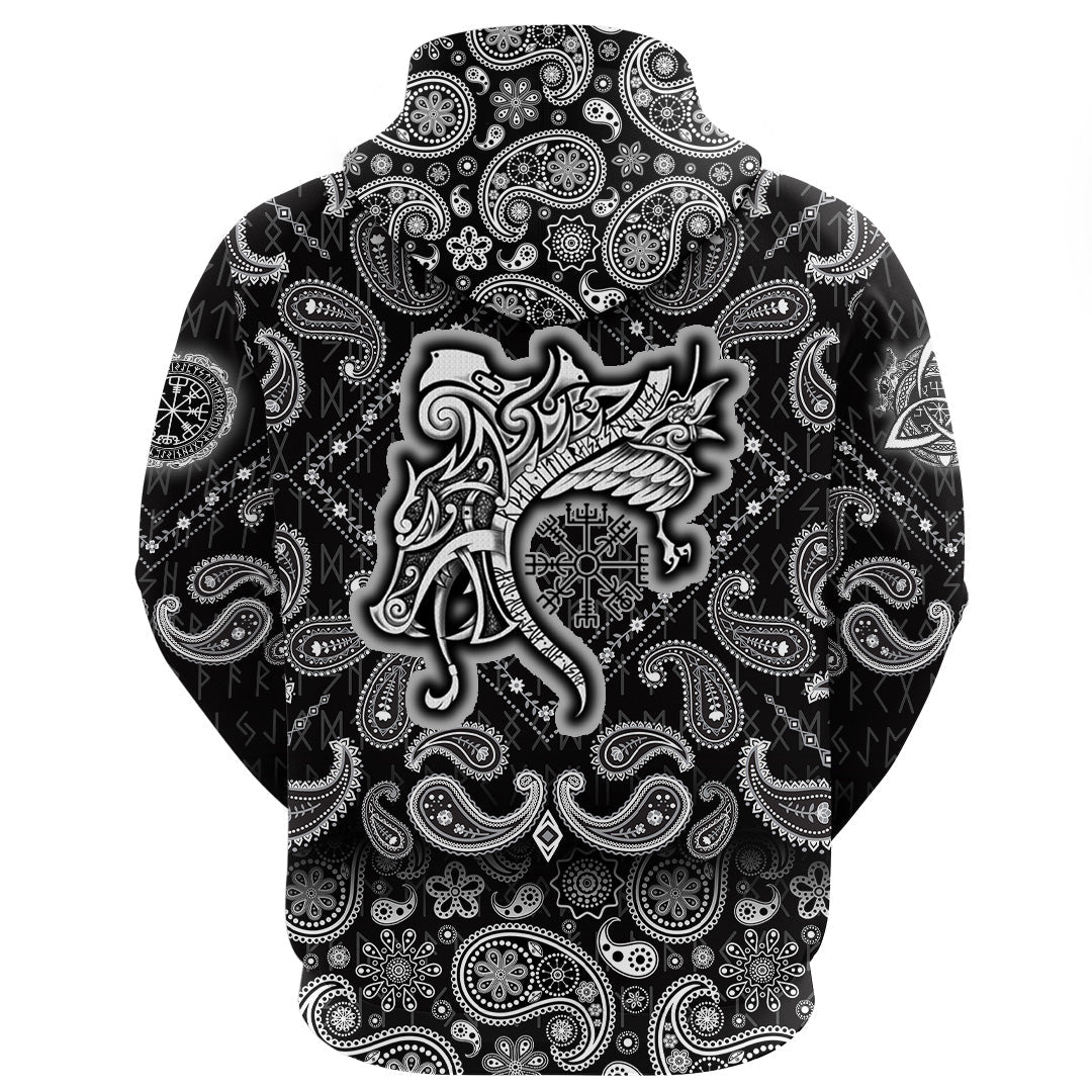 Viking Hoodie Vegvisir Wolf and Raven with Bandana Paisley Style RLT12