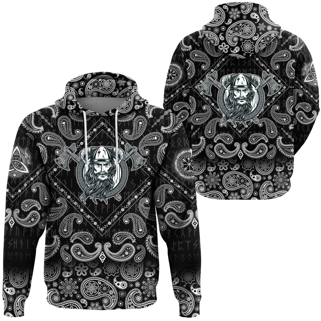 Viking Hoodie Vikings Head In Horned Helmet and Axes with Bandana Paisley Style RLT12