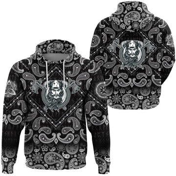 Viking Hoodie Vikings Head In Horned Helmet and Axes with Bandana Paisley Style RLT12