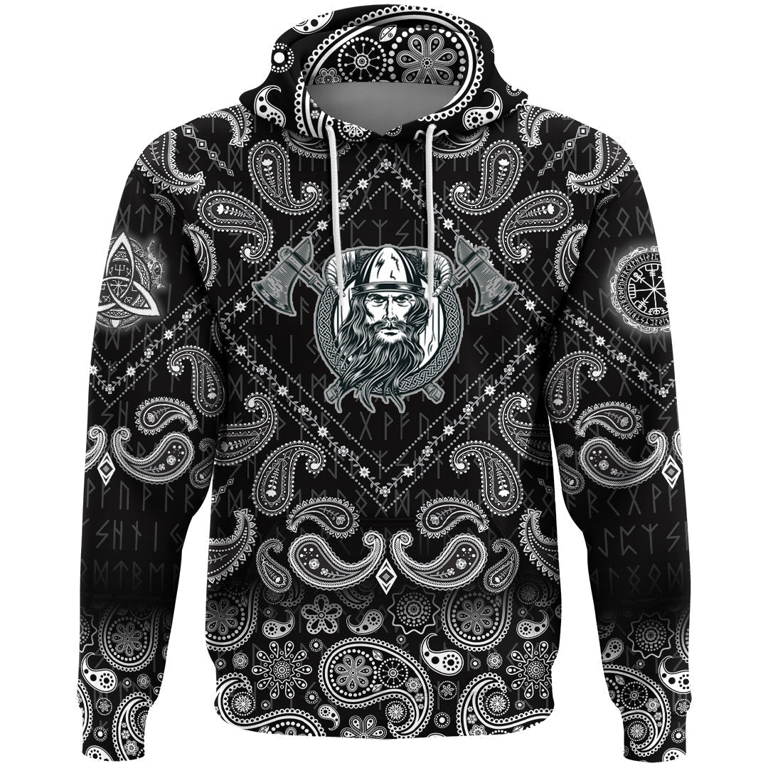 Viking Hoodie Vikings Head In Horned Helmet Axes with Bandana Paisley Style RLT12
