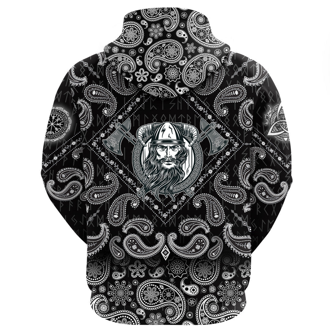 Viking Hoodie Vikings Head In Horned Helmet Axes with Bandana Paisley Style RLT12
