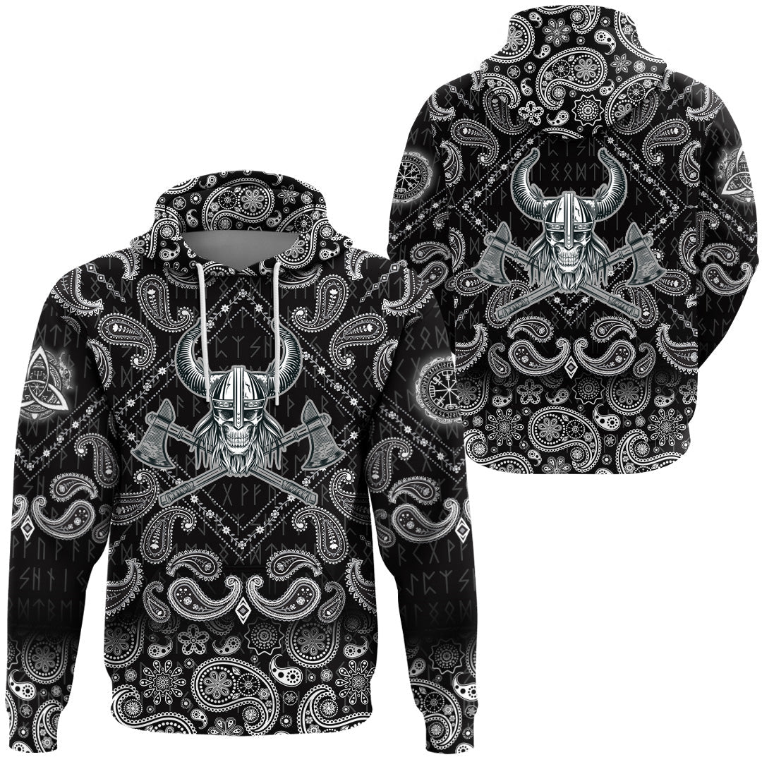 Viking Hoodie Vikings Head In Horned Helmet with Bandana Paisley Style RLT12
