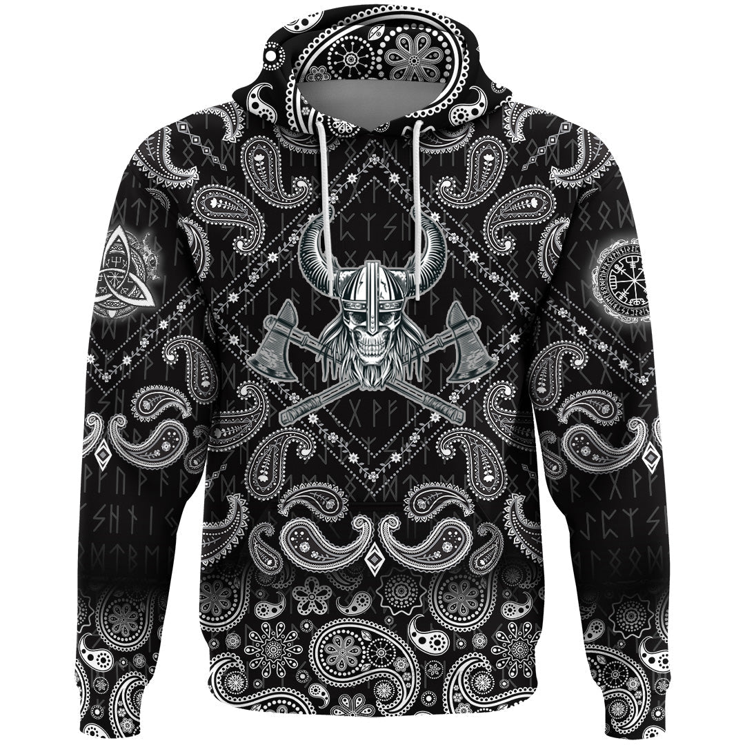Viking Hoodie Vikings Head In Horned Helmet and Axes with Bandana Paisley Style RLT12