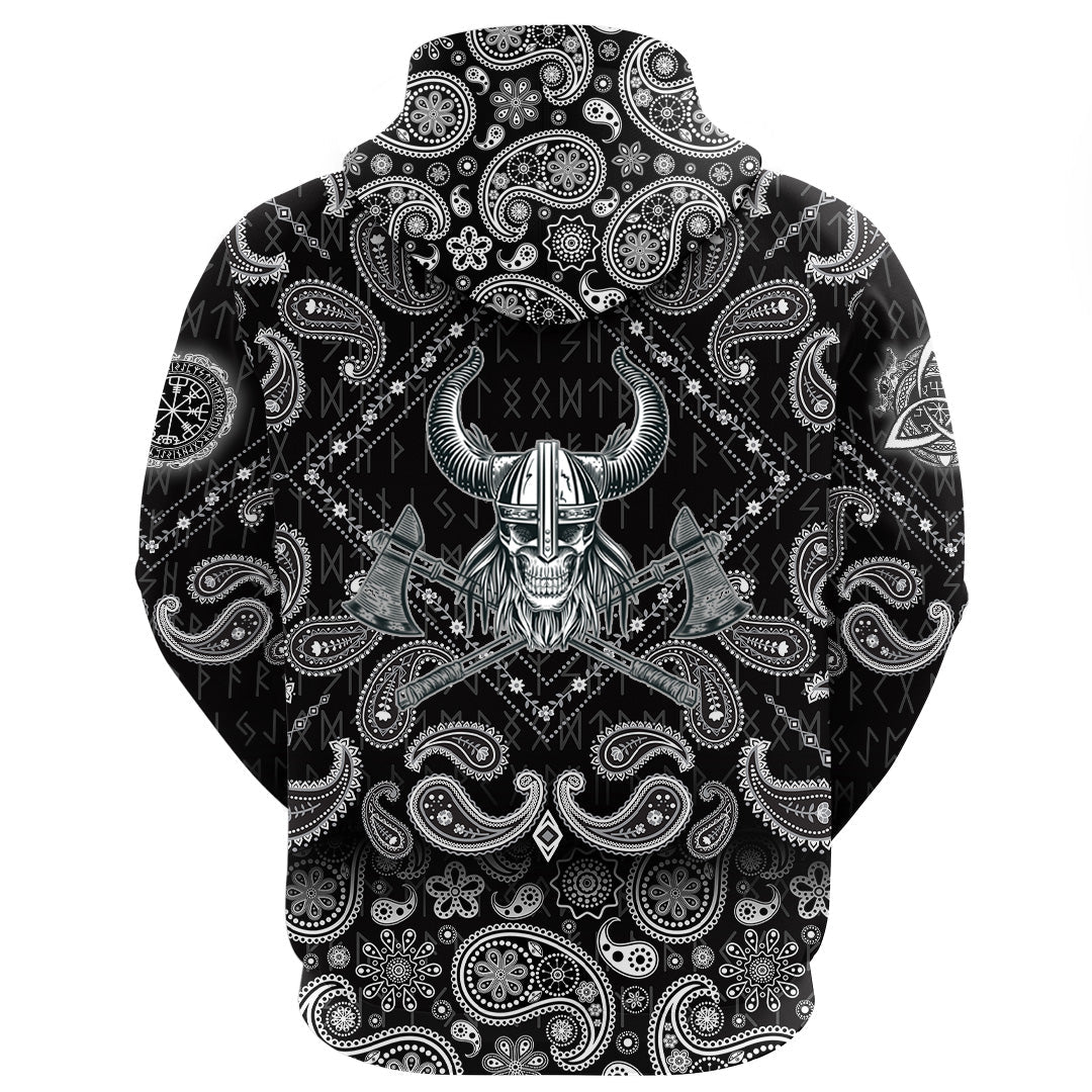 Viking Hoodie Vikings Head In Horned Helmet and Axes with Bandana Paisley Style RLT12