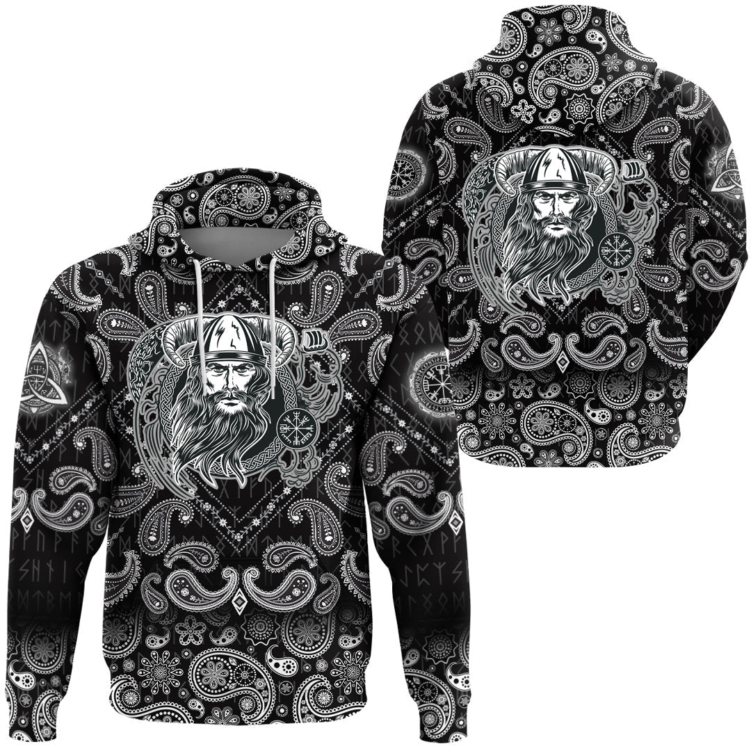 Viking Hoodie Vikings Head In Horned Helmet Axes with Bandana Paisley Style RLT12