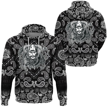 Viking Hoodie Vikings Head In Horned Helmet Axes with Bandana Paisley Style RLT12