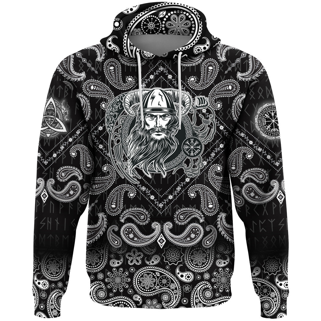 Viking Hoodie Vikings Head In Horned Helmet with Bandana Paisley Style RLT12
