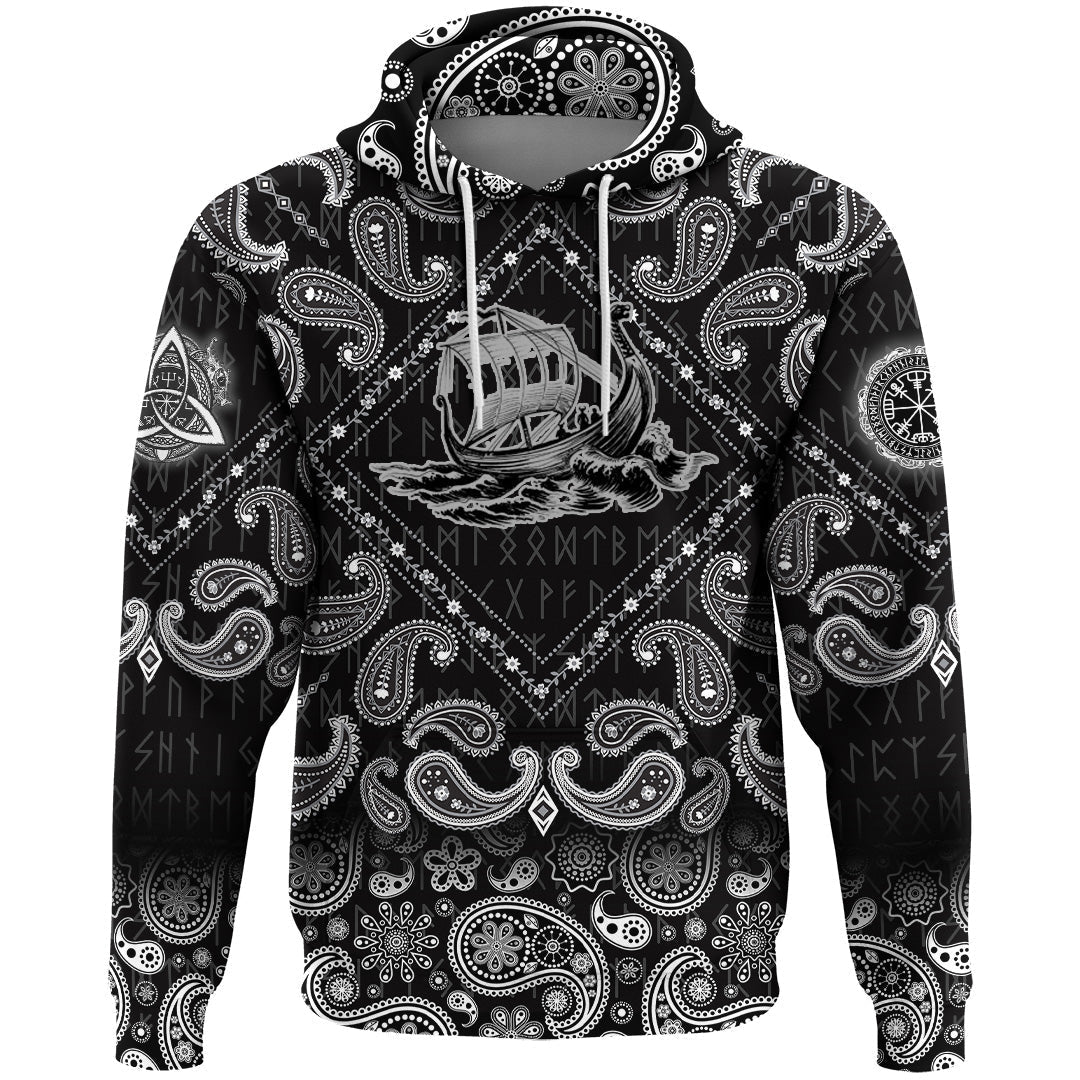 Viking Hoodie Vikings Ship Black and White Ink with Bandana Paisley Style RLT12