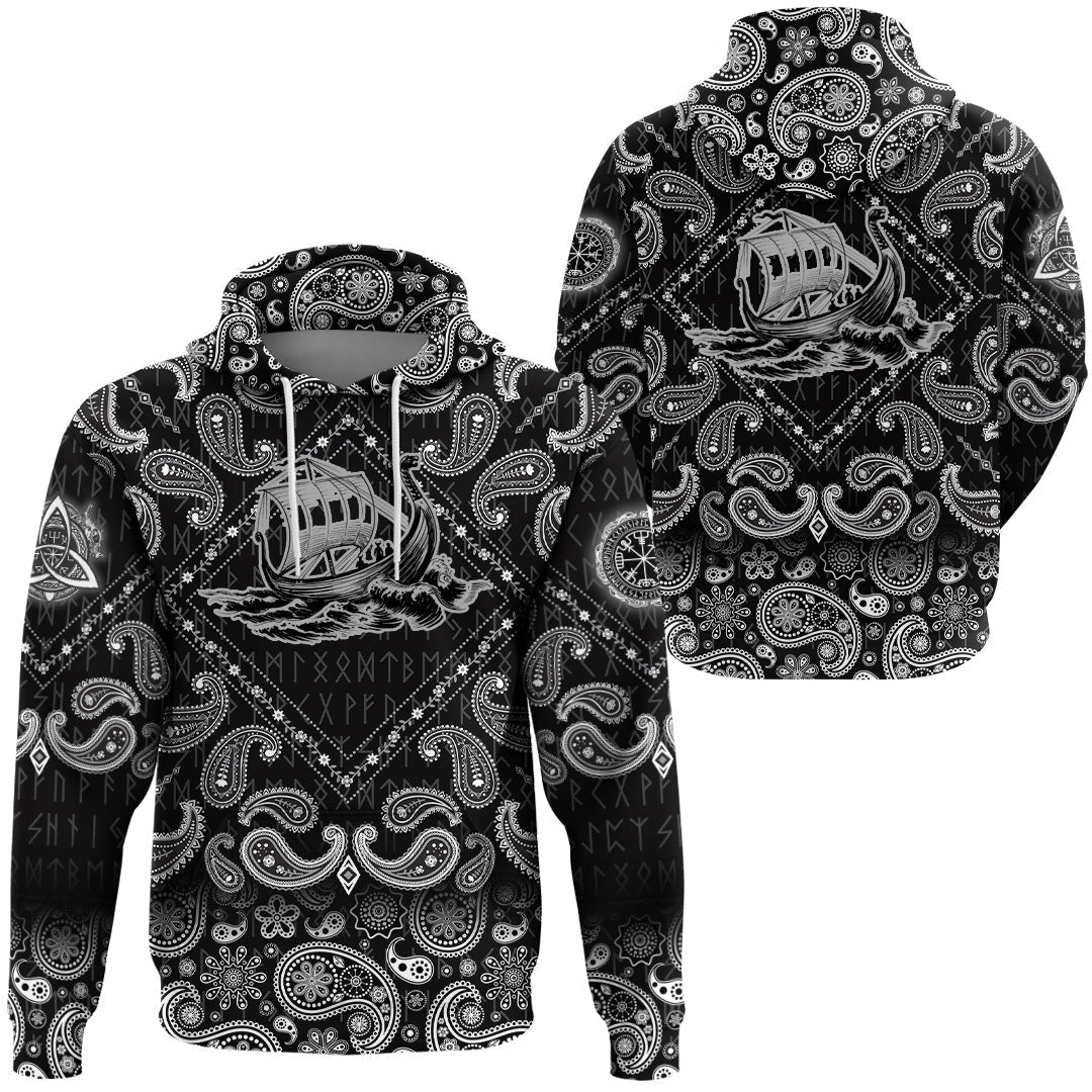 Viking Hoodie Vikings Ship Black and White Ink with Bandana Paisley Style RLT12