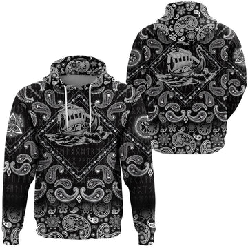 Viking Hoodie Vikings Ship Black and White Ink with Bandana Paisley Style RLT12