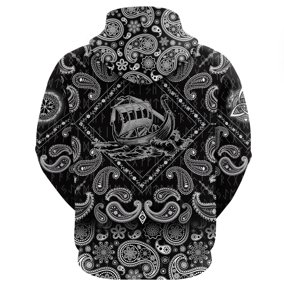 Viking Hoodie Vikings Ship Black and White Ink with Bandana Paisley Style RLT12