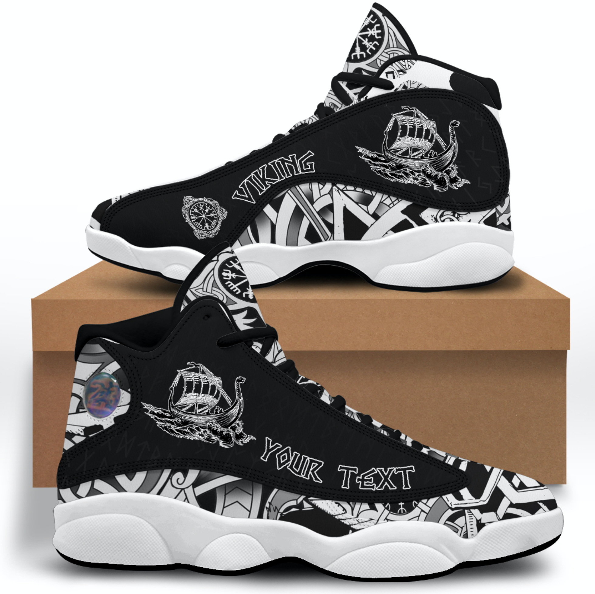 (Custom) Viking - Viking's Ship Black And White Ink Sneakers J13 RLT12