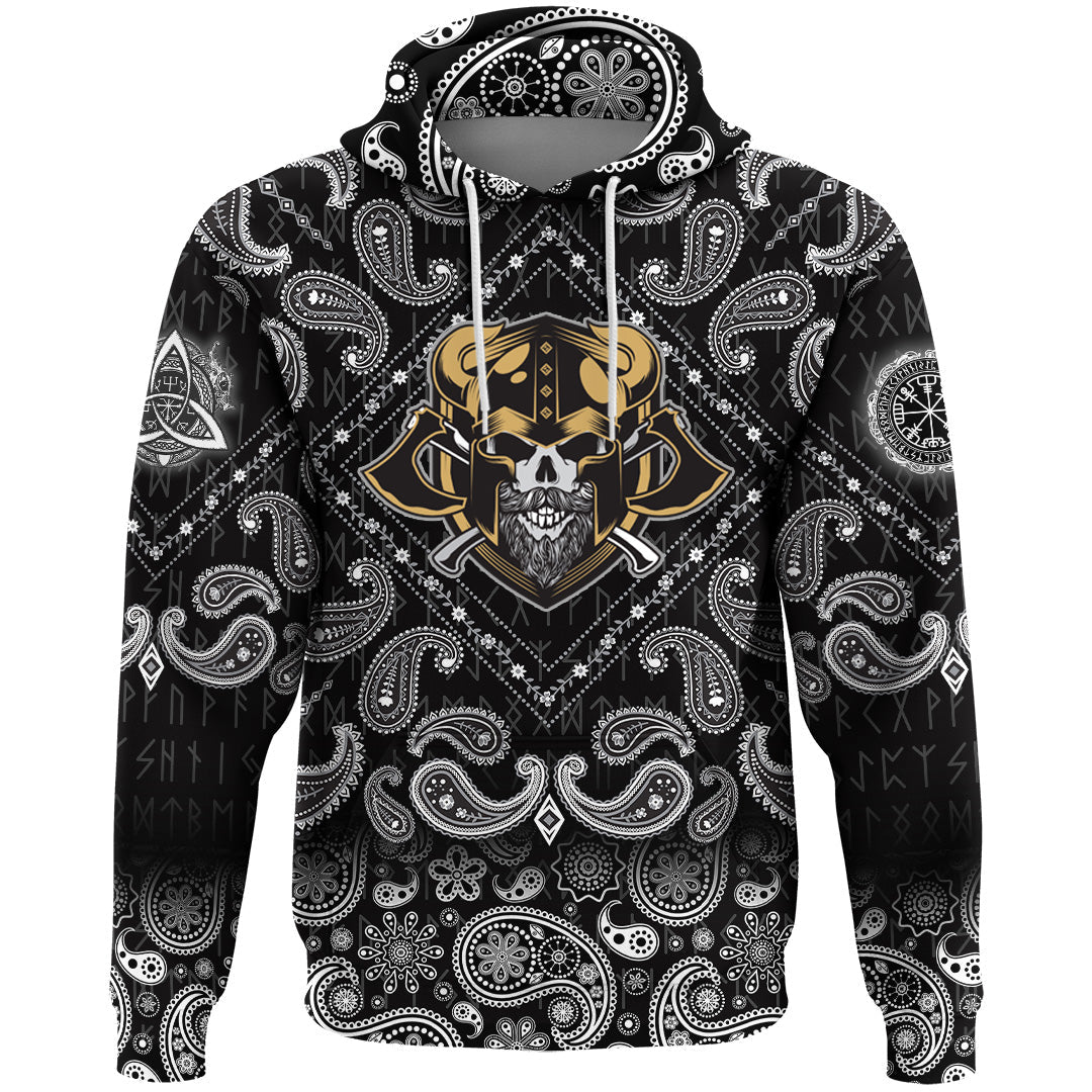 Viking Hoodie Vintage Retro Badass Skull Warrior with Bandana Paisley Style RLT12