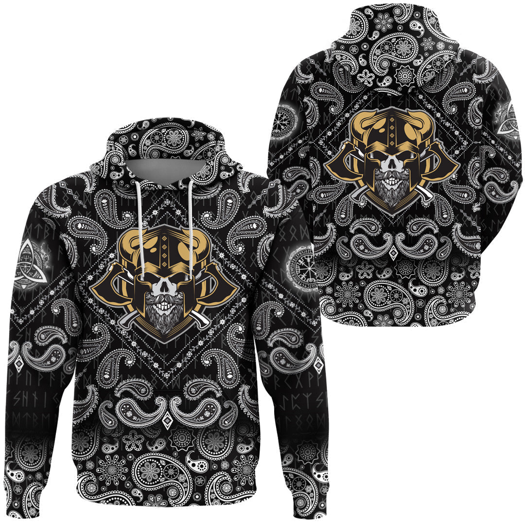 Viking Hoodie Vintage Retro Badass Skull Warrior with Bandana Paisley Style RLT12