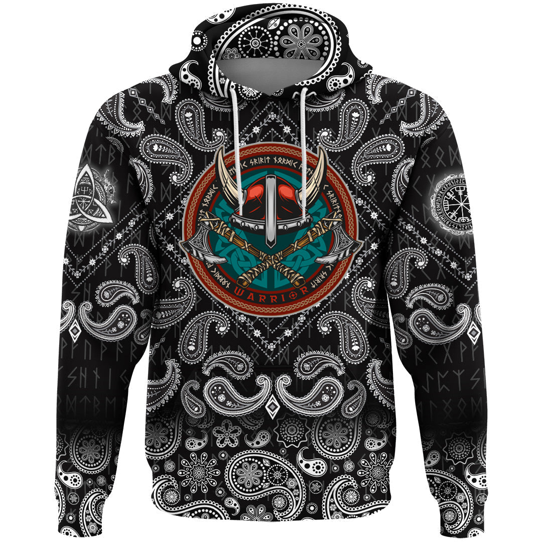 Viking Hoodie Vintage Round Print With Horned Helmet with Bandana Paisley Style RLT12
