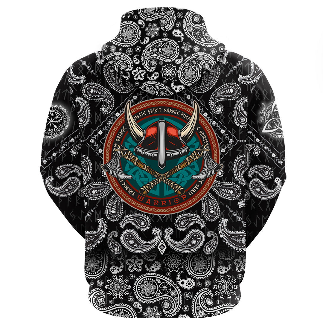 Viking Hoodie Vintage Round Print With Horned Helmet with Bandana Paisley Style RLT12