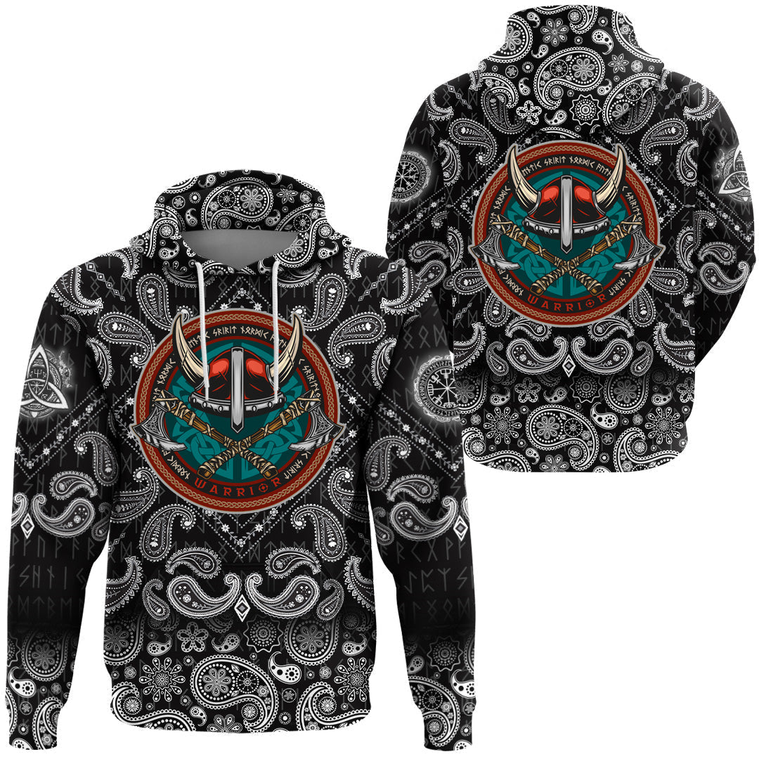 Viking Hoodie Vintage Round Print With Horned Helmet with Bandana Paisley Style RLT12