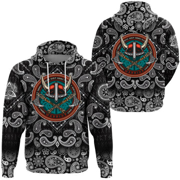 Viking Hoodie Vintage Round Print With Horned Helmet with Bandana Paisley Style RLT12