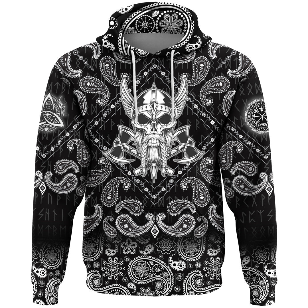 Viking Hoodie Vintage Skull and Axe Wing Monochrome with Bandana Paisley Style RLT12