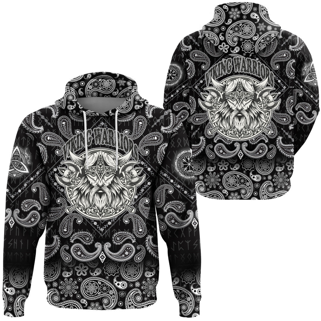 Viking Hoodie Warriors Head Monochrome Color with Bandana Paisley Style RLT12