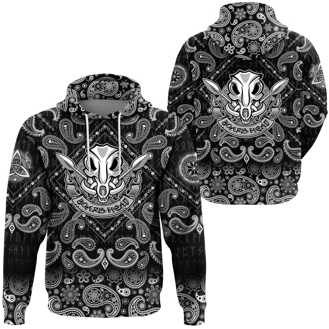Viking Hoodie Wild Boar Skull With Spears and Banner with Bandana Paisley Style RLT12
