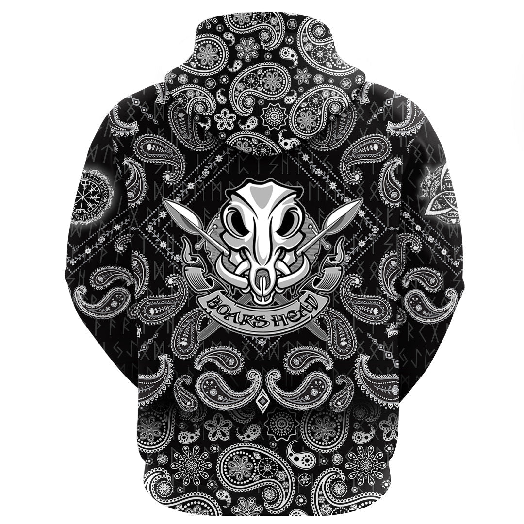 Viking Hoodie Wild Boar Skull With Spears and Banner with Bandana Paisley Style RLT12