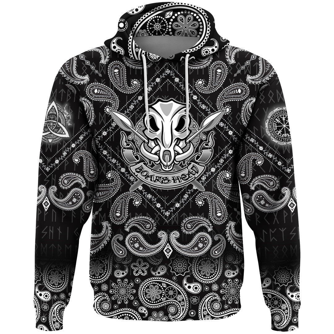 Viking Hoodie Wild Boar Skull With Spears and Banner with Bandana Paisley Style RLT12