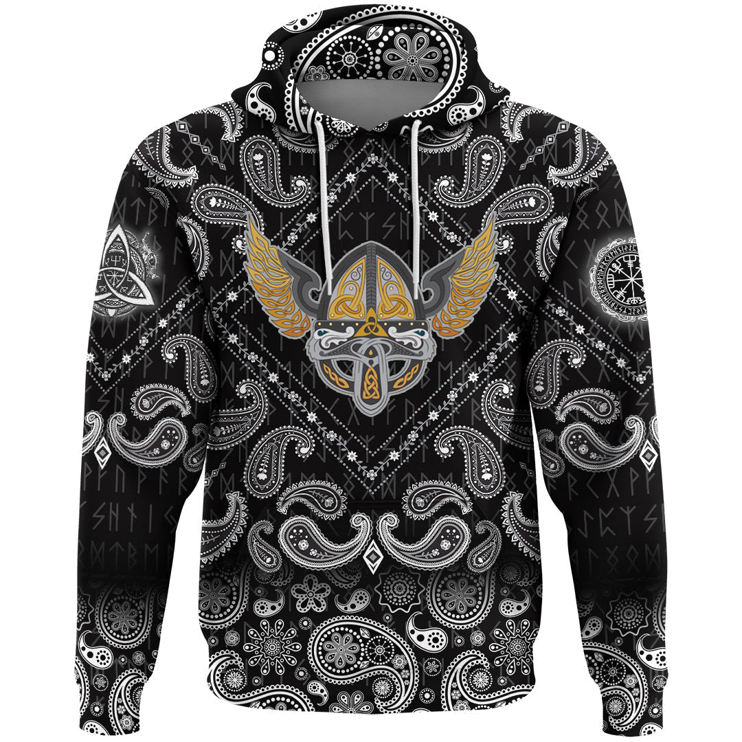 Viking Hoodie Winged Helmet With Scandinavian Pattern with Bandana Paisley Style RLT12