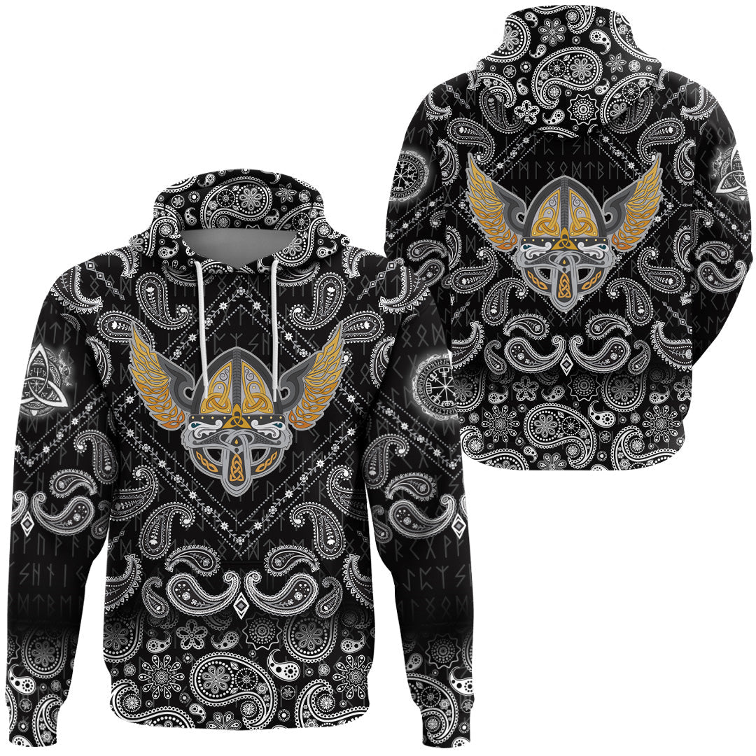 Viking Hoodie Winged Helmet With Scandinavian Pattern with Bandana Paisley Style RLT12