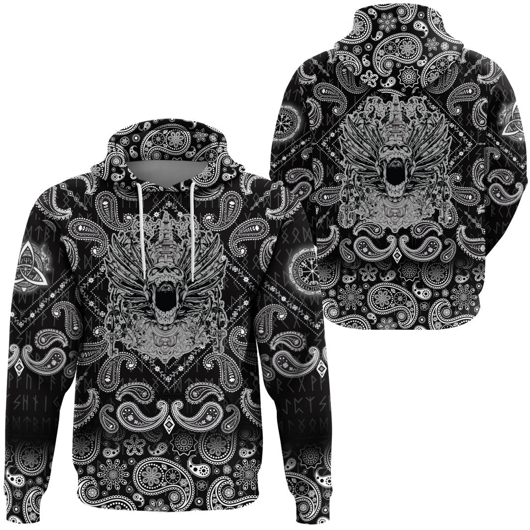 Viking Hoodie Winged Skull with Bandana Paisley Style RLT12