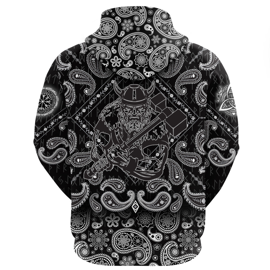Viking Hoodie With War Hammer Medieval Warrior with Bandana Paisley Style RLT12