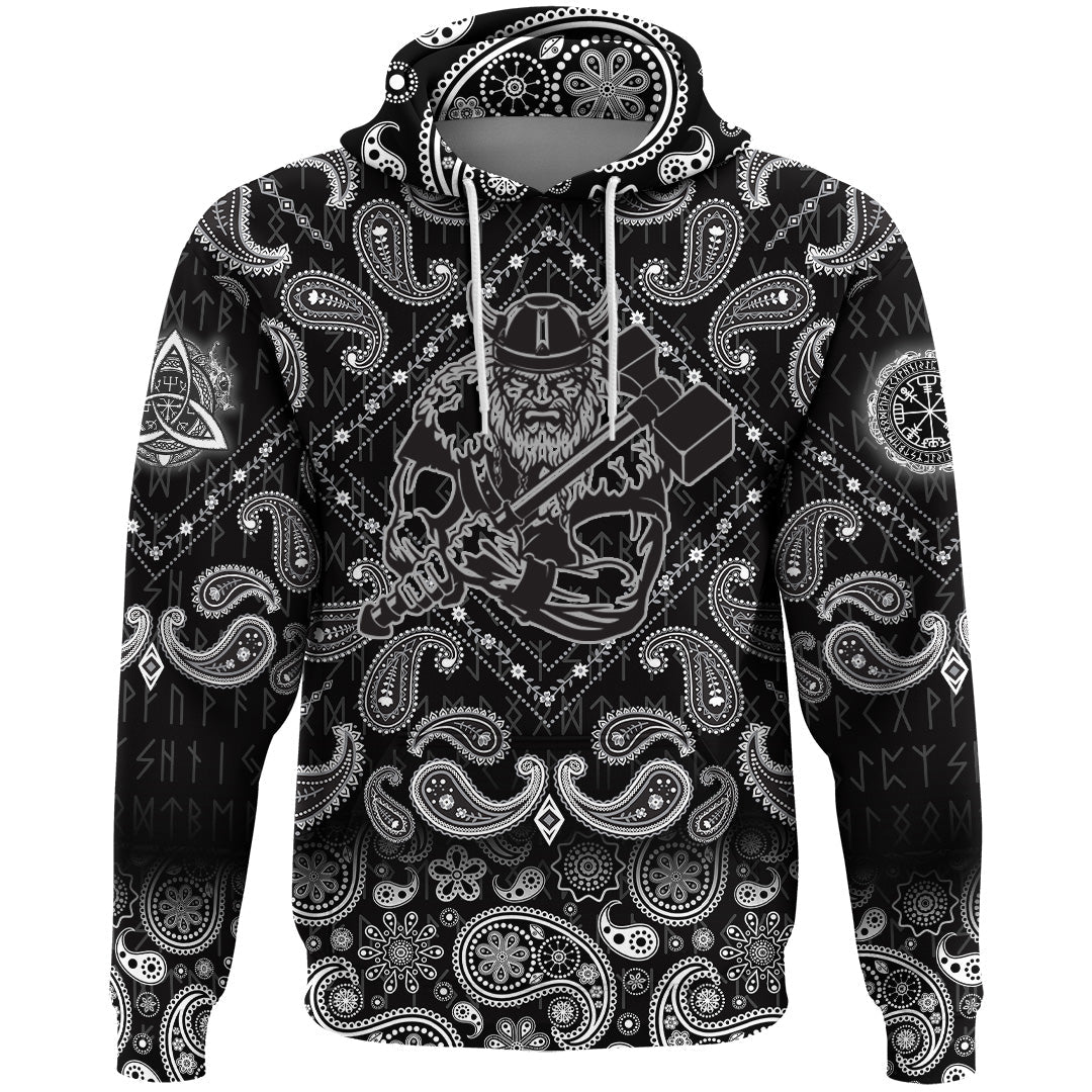 Viking Hoodie With War Hammer Medieval Warrior with Bandana Paisley Style RLT12