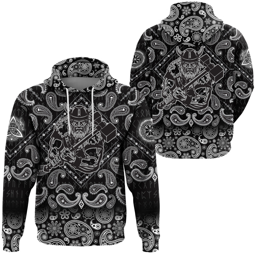 Viking Hoodie With War Hammer Medieval Warrior with Bandana Paisley Style RLT12