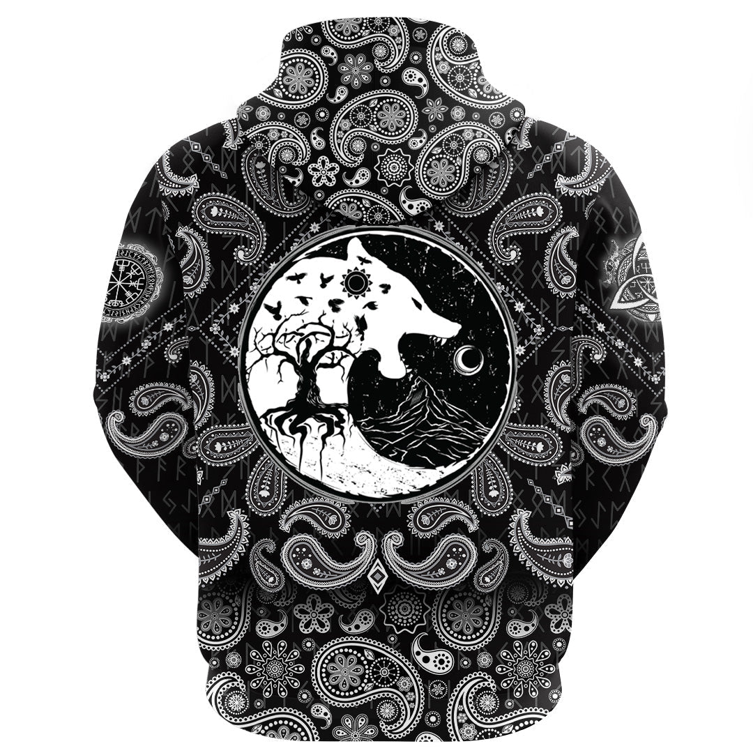 Viking Hoodie Wolf and Ravens with Bandana Paisley Style RLT12