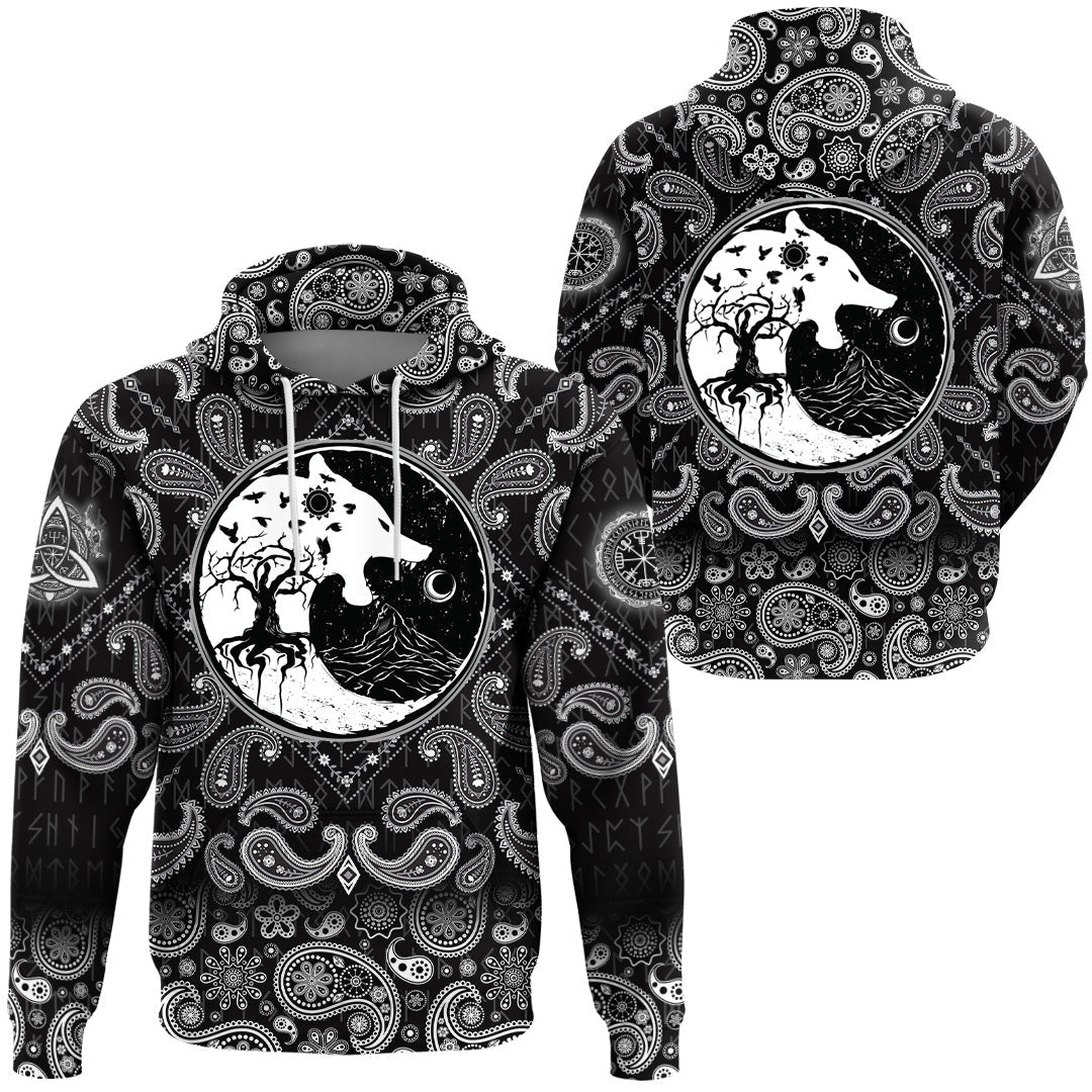 Viking Hoodie Wolf and Ravens with Bandana Paisley Style RLT12
