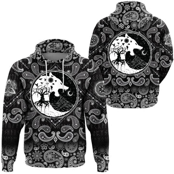Viking Hoodie Wolf and Ravens with Bandana Paisley Style RLT12