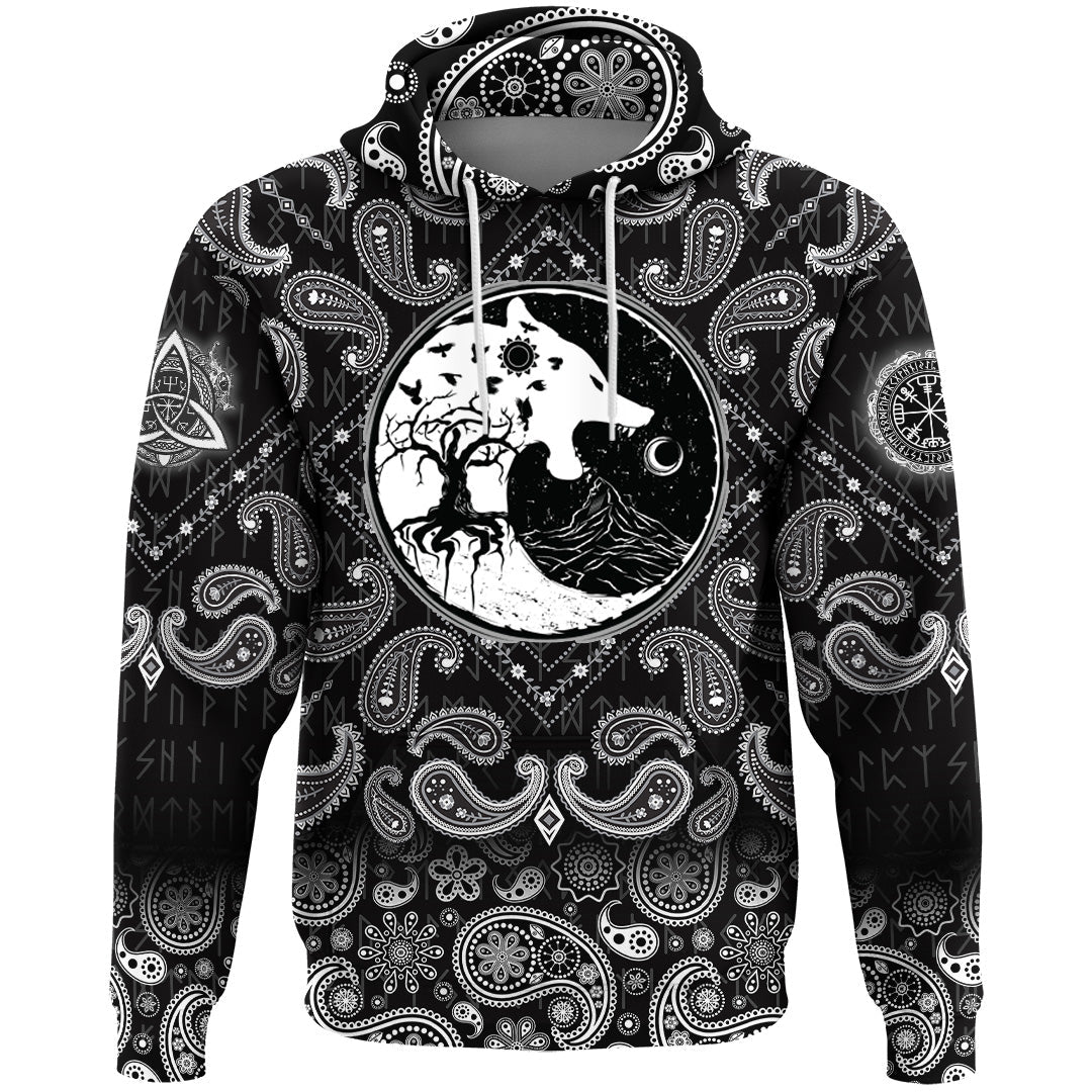 Viking Hoodie Wolf and Ravens with Bandana Paisley Style RLT12