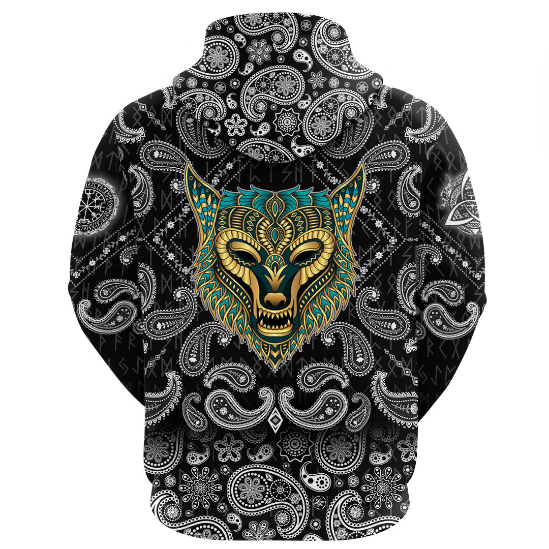 Viking Hoodie Wolf Ethnic Style with Bandana Paisley Style RLT12