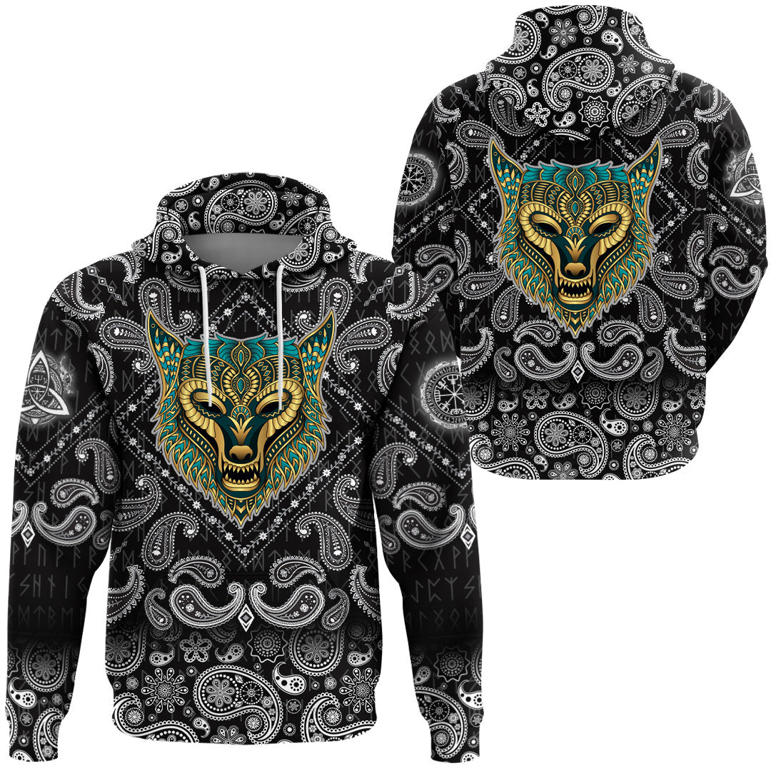 Viking Hoodie Wolf Ethnic Style with Bandana Paisley Style RLT12