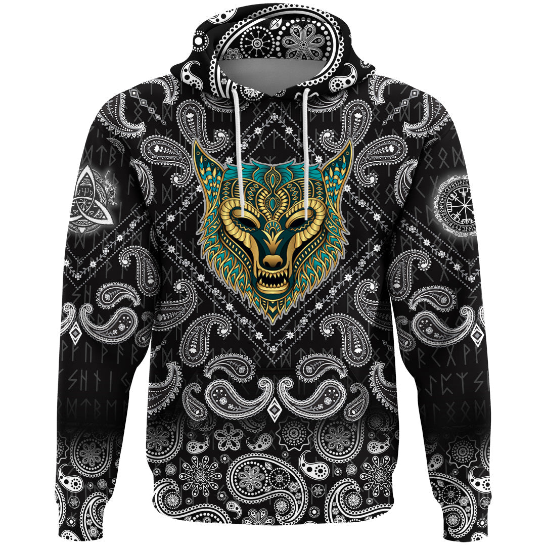 Viking Hoodie Wolf Ethnic Style with Bandana Paisley Style RLT12