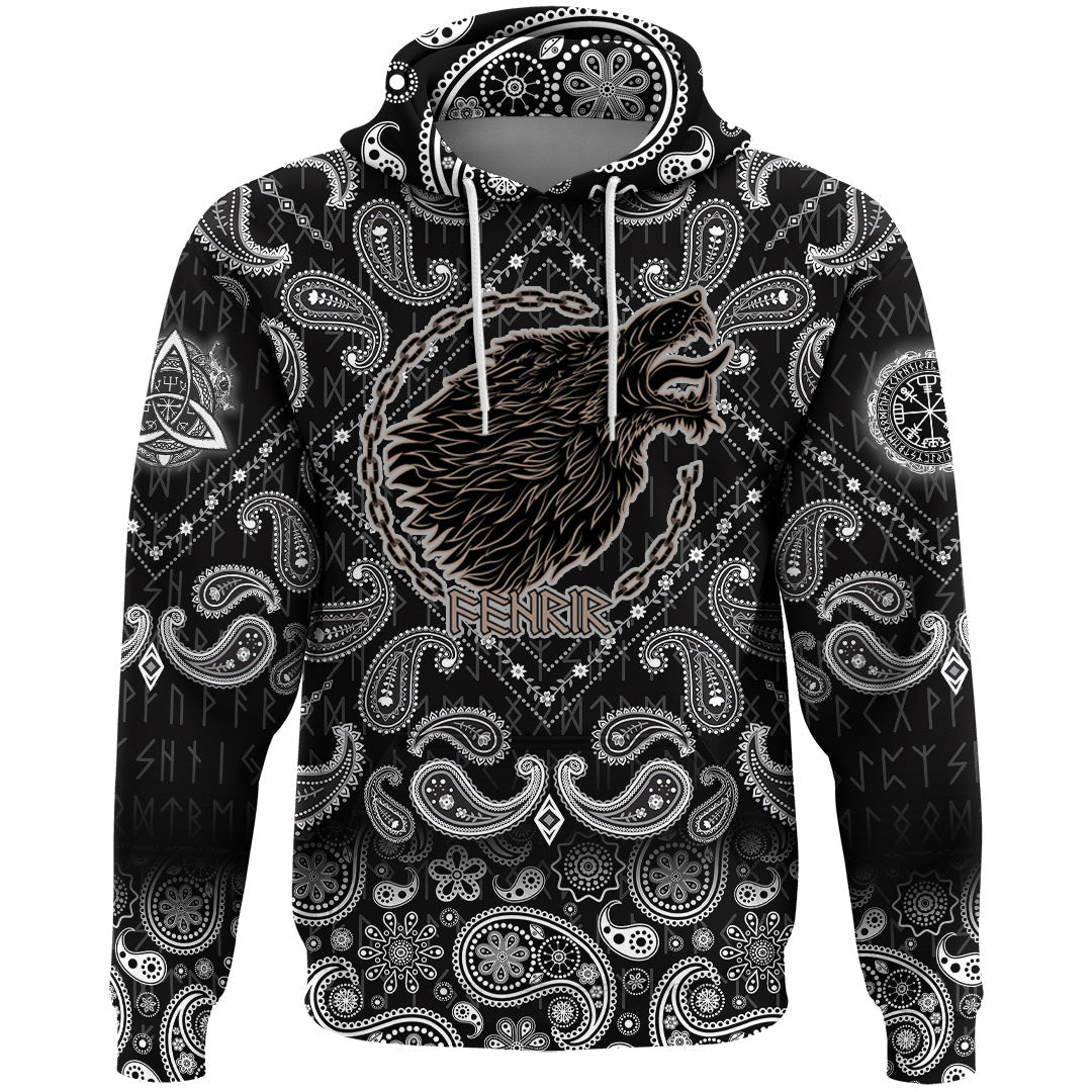 Viking Hoodie Wolf Fenrir To Old Norse Mythology On White with Bandana Paisley Style RLT12