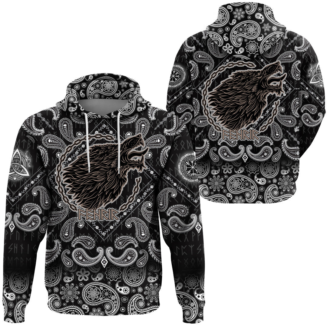 Viking Hoodie Wolf Fenrir To Old Norse Mythology On White with Bandana Paisley Style RLT12