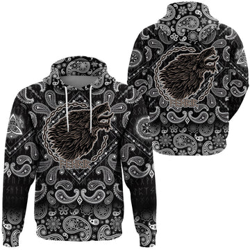 Viking Hoodie Wolf Fenrir To Old Norse Mythology On White with Bandana Paisley Style RLT12