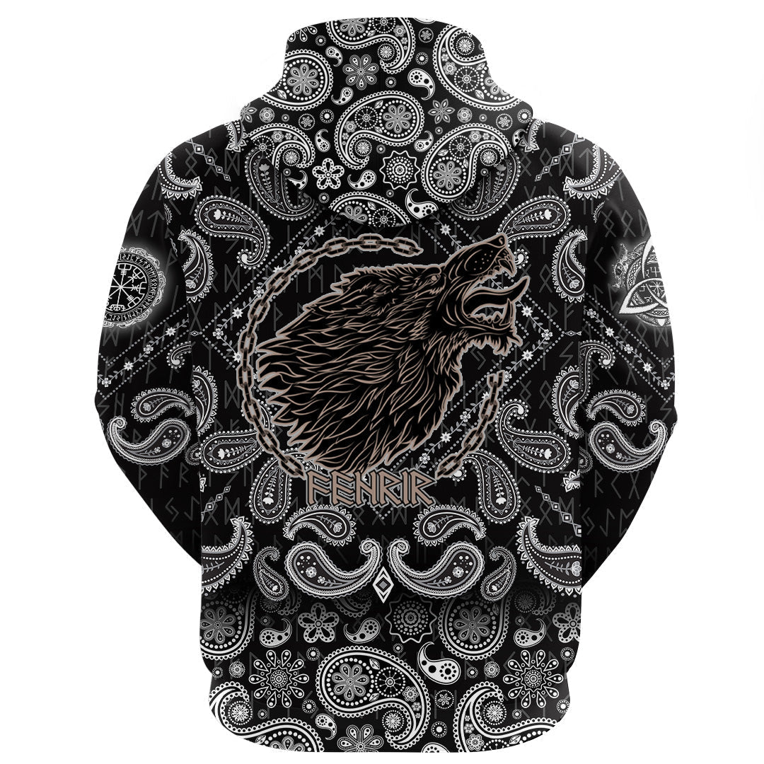 Viking Hoodie Wolf Fenrir To Old Norse Mythology On White with Bandana Paisley Style RLT12