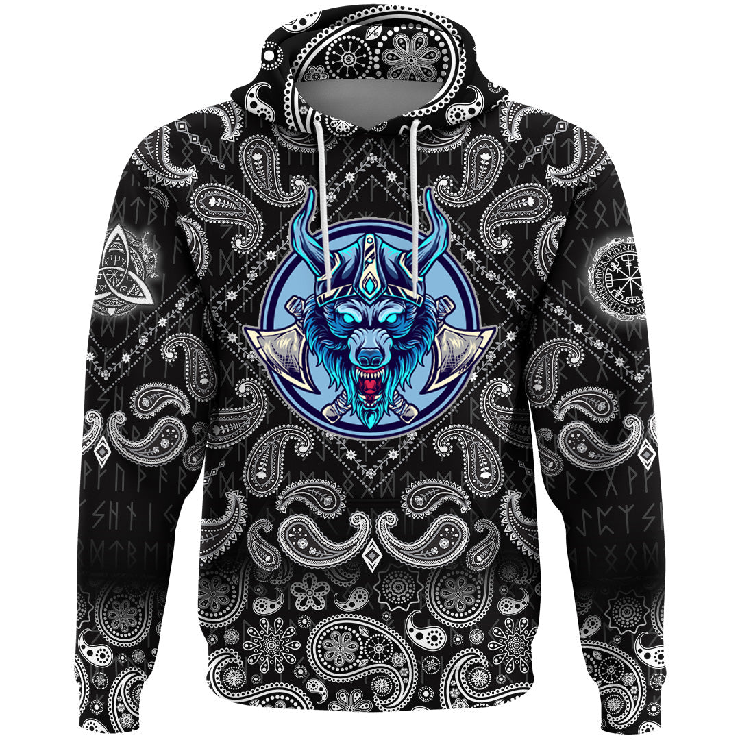 Viking Hoodie Wolf Head with Bandana Paisley Style RLT12