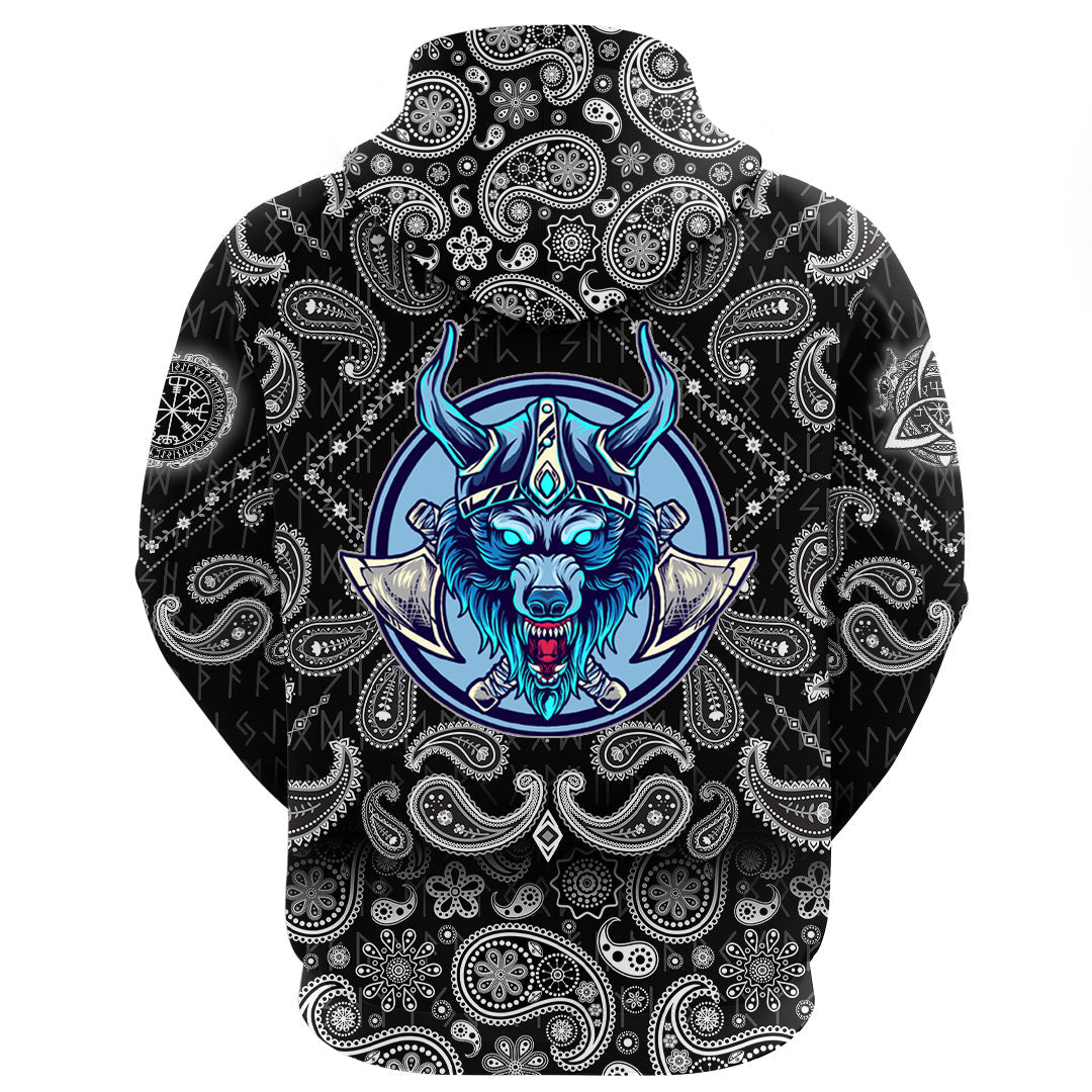Viking Hoodie Wolf Head with Bandana Paisley Style RLT12