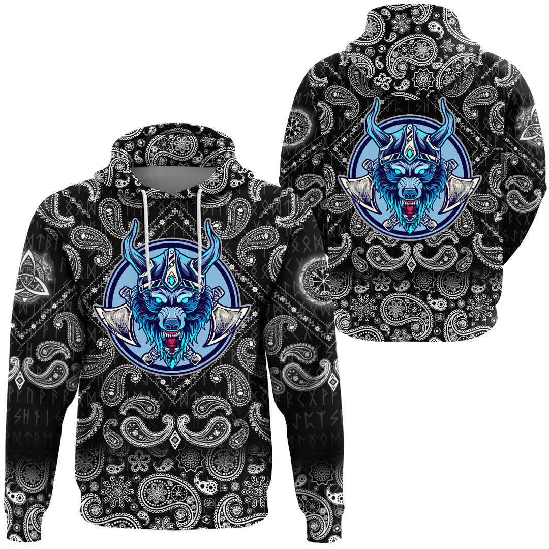 Viking Hoodie Wolf Head with Bandana Paisley Style RLT12