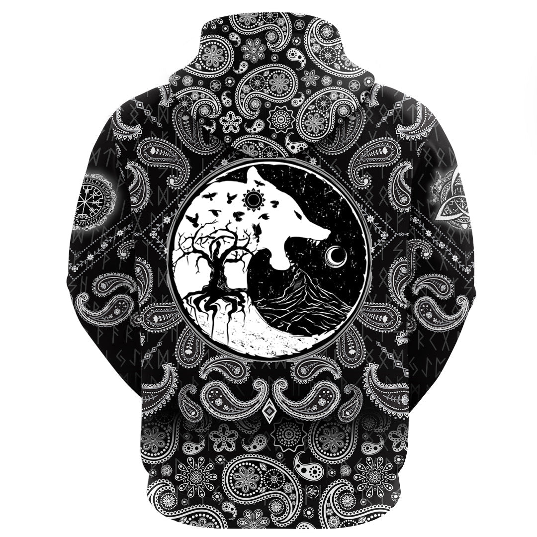 Viking Hoodie Wolf Swallowing Of The Moon World Tree Raven with Bandana Paisley Style RLT12