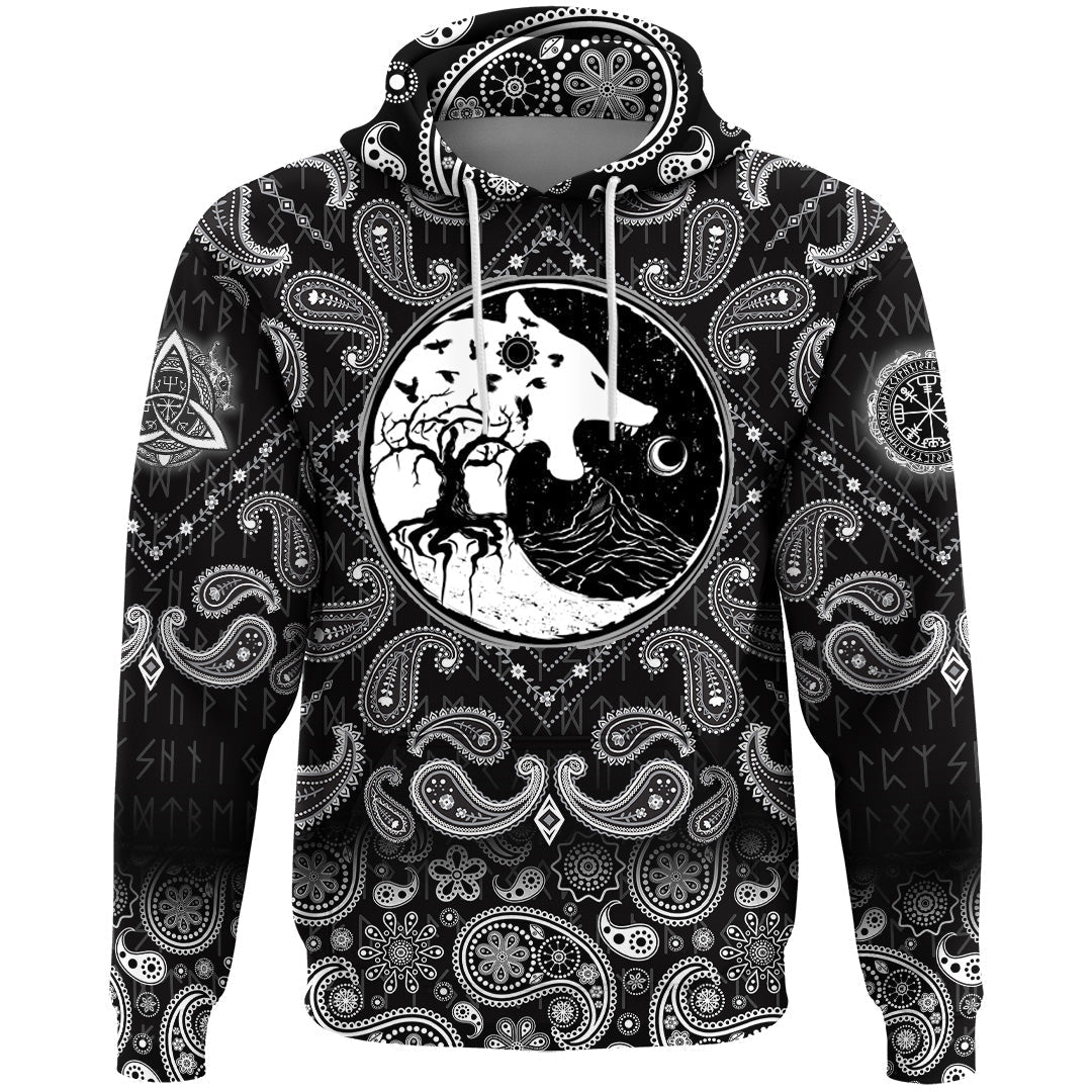 Viking Hoodie Wolf Swallowing Of The Moon World Tree Raven with Bandana Paisley Style RLT12